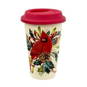 Lenox Red Cardinal Winter Greetings Travel Tumbler Porcelain w Red Silicone Lid